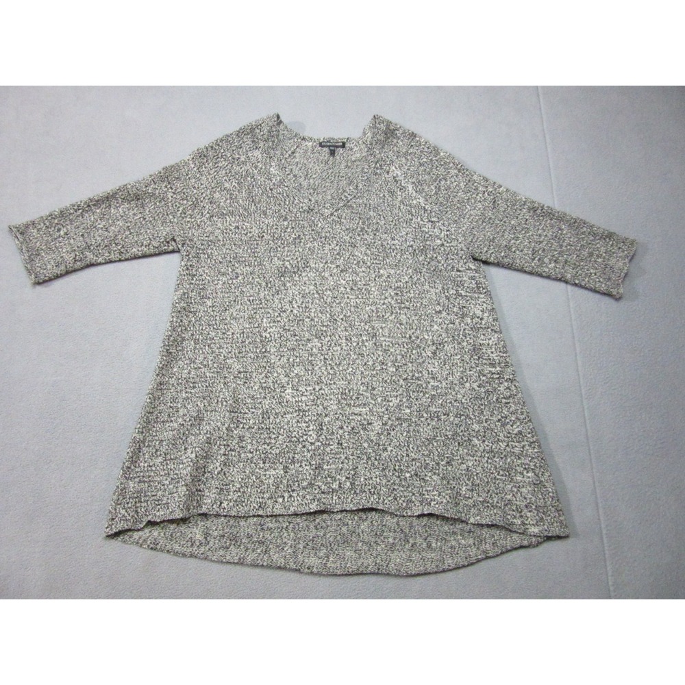 Eileen Fisher Top Women Large Black White Knit Linen Wool V-Neck Tunic Sweater